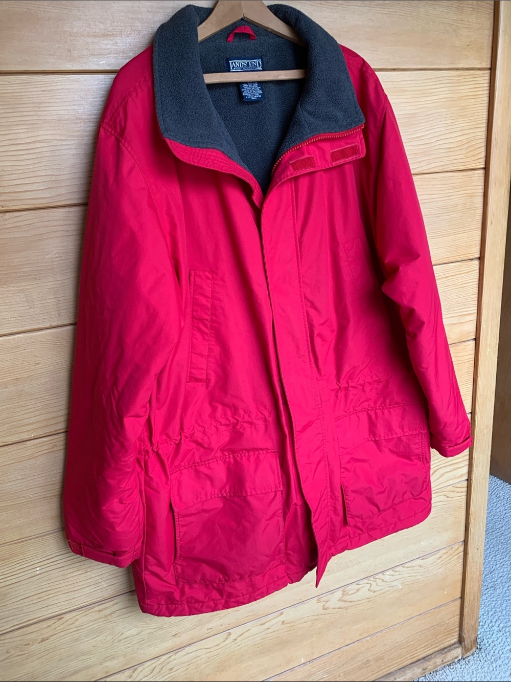 Lands' End Women's Red Puffer Coat with Charcoal Fleece Collar